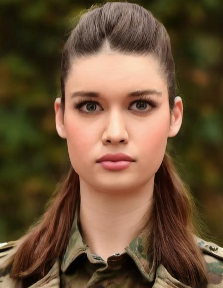 (realistic RAW portrait) of a slim 22yo femaleafra_saracoglu, cute gorgeous determined face, (high detailed skin:1.4),(updo) BREAK wearing military camouflage uniforms, BREAK (roaming through a cold misty haunting post-apocalyptic post-nuclear settlement:0.9), (notan lighting:1.6), (soft fill light:1.2) BREAK 8k uhd, dslr, high quality,Canon EOS 250D
 <lora:afra4ep:1.2>  <lora:add_detail:0.5>