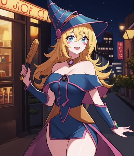 ((masterpiece)), (best quality:1.7), (detailed:1.4), (high res:1.4), 8k, (colorful:1.5), 2d, high resolution, sharped image, 4k, hd, dark_magician, 1girl, solo, long hair, looking at viewer, smile, open mouth, blue eyes, blonde hair, large breasts, big breasts, hat, (dress), cleavage, blue dress, hair between eyes, bare shoulders, green eyes, ((medium body)), (((cowboy shot))), boots, ((blush stickers)), ((blue headwear)), (blue footwear), wand, duel monster, (pointy wizard hat), (wizard hat), ((standing)), ((city)), (street), blue, stars, ((long legs)), windows, cinematic lights, realistic, ((hands on own thighs)), ((city lights)), two legs, ((thighs)), windows, restaurants, coffee, lights, ornaments, plants, city street, people, cinematic particles, <lora:dm_girl:0.6>, <lora:thickerLinesanimeStyle:0.6>