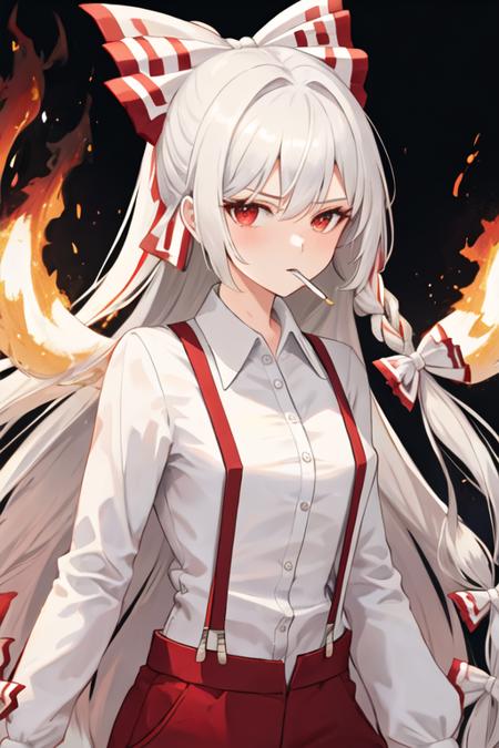 best quality, masterpiece, highres, solo, {fujiwara_no_mokou_touhou:1.15}, long_hair, bow, hair_bow, red_eyes, white_hair, suspenders, very_long_hair, bangs, white_bow, fire, hair_ribbon, 1girl, cigarette, holding_cigarette, looking_at_viewer, shirt, smoke, smoking, white_shirt, collared_shirt, holding, long_sleeves, hair_between_eyes, two-tone_bow, upper_body