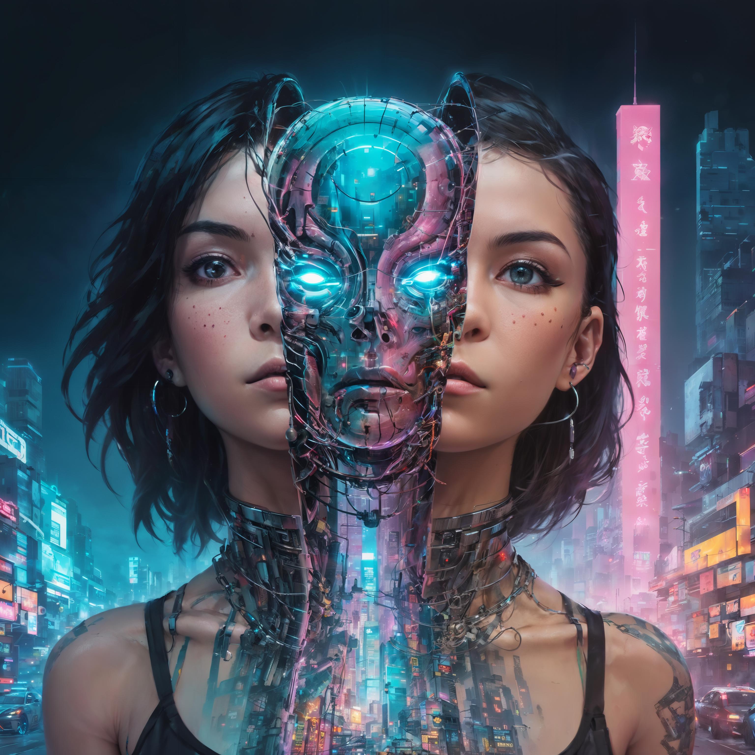 A futuristic cityscape featuring a woman with a cyborg head.
