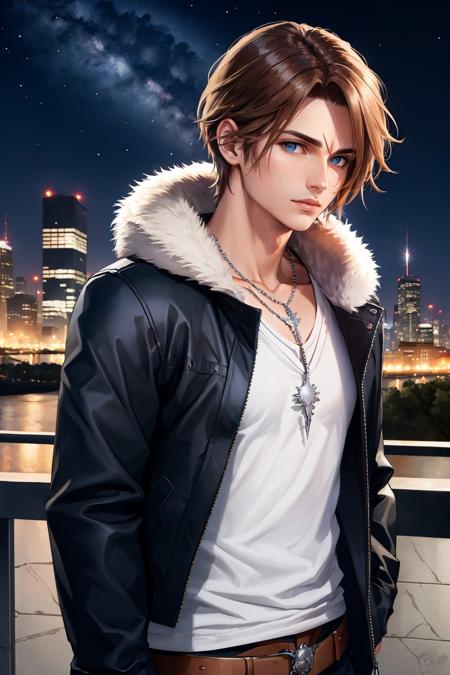 masterpiece, best quality, <lora:squall-nvwls-v1-000009:0.9> squall, scar, necklace, black jacket, fur trim, long sleeves, white t-shirt, black gloves, upper body, looking at viewer, night sky, path, cityscape, arms at sides