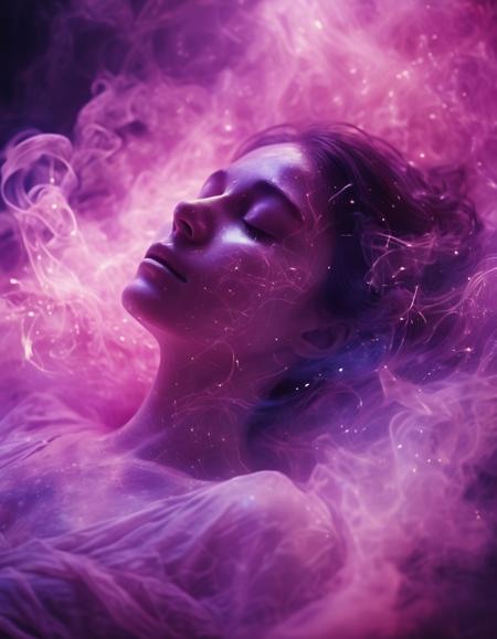 Mid-range shot, a female figure seemingly asleep, her face illuminated by an eerie, glowing aura, soft facial features with delicate ink-like strokes, energy-like liquid flowing from her body in supernatural waves, an otherworldly atmosphere, surrounded by floating light particles and abstract pink smoke, realistic, high resolution