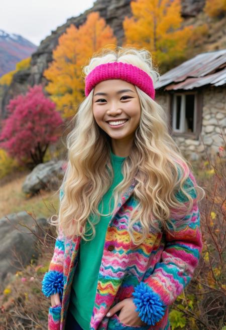 The image is a photograph of a young woman standing in front of an old, rustic house in a rural, overgrown setting. The woman, with a light complexion and long, blonde hair, is smiling directly at the camera. She is wearing a colorful, patterned coat with a vibrant mix of green, pink, and blue hues. Over her head, she has a knitted hat in a gradient of red to pink, which complements her outfit. This photograph features a young woman standing outdoors in a scenic, rugged landscape. The background showcases a vast, mountainous terrain with rocky outcrops and sparse, autumnal trees in shades of brown and gold, indicating a late fall setting. The sky above is a pale blue with a few wisps of cloud.
The woman, of East Asian descent, has long, wavy dark hair and is smiling broadly, exuding joy. She wears a colorful, layered outfit. The image is a photograph of a young woman standing outdoors, surrounded by a lush, white-flowered bush. She has long, wavy hair that transitions from a bright yellow base to vibrant pink at the ends. Her hair is adorned with a colorful, curly headband featuring blue, green, and yellow pom-poms.