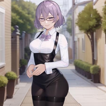 (masterpiece, best quality, highres:1.4), 1girl, solo, breasts, looking at viewer, smile, short hair, shirt, long sleeves, dress, bow, purple eyes, white shirt, purple hair, pantyhose, glasses, bowtie, black pantyhose, purple bow, purple bowtie,  <lora:mirei_mikagura:1>