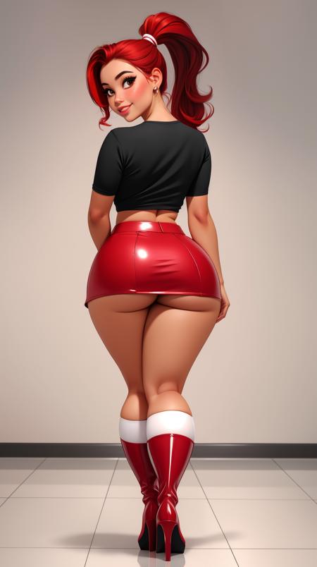 high detailed, masterpiece <lora:p3r3zstyle_v2:0.6> 1girl, posing sexy, from behind, looking at viewer, subtle smile,  pouting, full lips, red hair,  high ponytail, brown eyes, perfect hands, big breast, wide hips, thick thighs, black tshirt, crop top, red skirt, red high heel boots, clean scene, white background, white wall, shinny floor, white floor