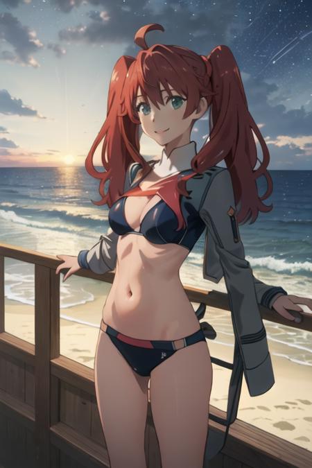 best quality, masterpiece, highres, solo, {night:1.10}, {starry sky:1.10}, beach, beautiful detailed sky, {extremely detailed background:1.20}, {miku_darlinginthefranxx:1.15}, {standing:1.10}, looking at viewer, {bikini:1.30}, twintails, ahoge, brown_hair, blue_eyes, red_hair, long_hair, green_eyes, light smile