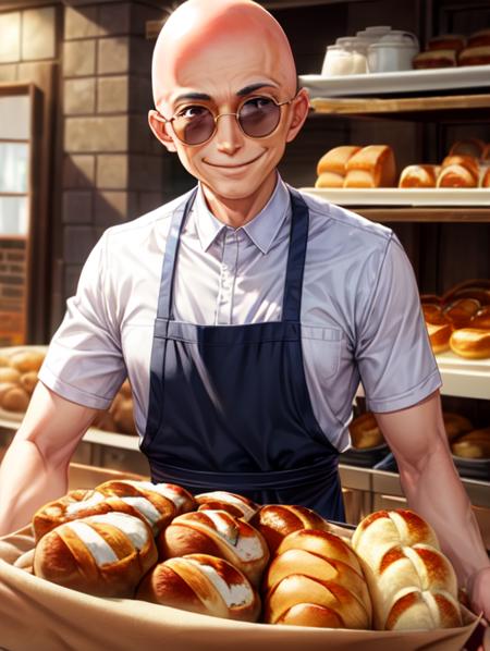 best quality, masterpiece, highres, detailed, realistic,  <lora:Detail - add_detail:0.2>, BakerCh, chef uniform, brown apron, bread,<lyco:Change - BakerCh:0.8>,  <lora:Character - MasanoriV:0.6>, round sunglasses, bald, evil smile,