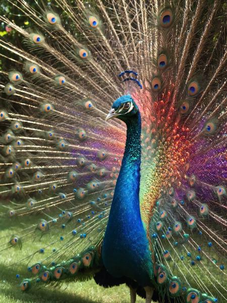 A majestic peacock displaying its feathers, each feather tip releasing ais-particlez in a mesmerizing spectrum of colors. <lora:Particles_Style_SDXL:1>