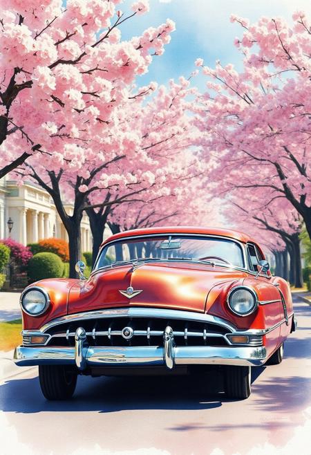 Visualize a hyperrealistic watercolor painting of a vintage car parked on a quiet street lined with blooming cherry blossom trees. The composition should meld the reflective surfaces and precise details of Pedro Campos, the nostalgic feel of Ralph Goings, and the delicate touch of Elizabeth Patterson’s pastel work. Emphasize the contrast between the shiny, polished metal of the car and the soft, delicate petals of the blossoms. Techniques like watercolor wash, ink splatter, and pointillist manipulation should be used to create a harmonious blend of textures and colors. The lighting should be soft and natural, enhancing the overall nostalgic and serene mood.