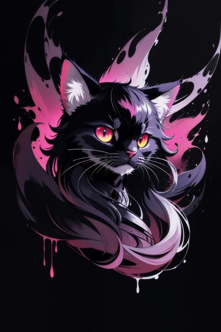 masterpiece, best quality, ultra high res, a cute cat, animal, beautiful, visually stunning, elegant, incredible details, award-winning painting, high contrast, vector art, line art, splatter, flat color, color merge gradient, (kitten:0.7), (dark black theme:1.2), neon color, glowing, neon, (fluffy:1.19), crown, cat eyes, serious, violet