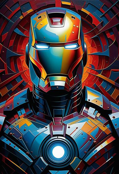 Beautiful evocative post-impressionist oil painting of Iron Man with a tainted soul bleeding nightmares, with Escher geometry dark vibrant colors and heavy and light brush strokes to dramatic effect oil painting by James Gurney abstract vector fractal, wave function, Zentangle, 3d shading, abstract vector fractal, wave function, Zentangle, 3d shading Charles M. Schulz, comic book art, perfect, smooth, horror Gustave Dore Greg Rutkowski