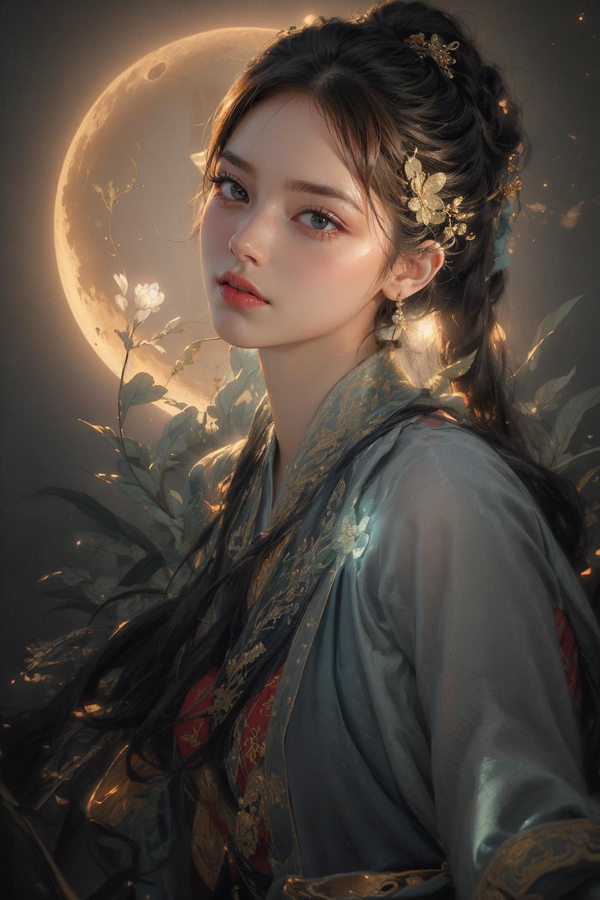 A beautiful woman with long hair and a gold headband is depicted in a painting. The artwork features a flower and a moon in the background, adding to the overall aesthetic. The woman is wearing traditional Asian clothing, which complements the scene and highlights the cultural aspect of the painting. The image is a stunning representation of elegance and artistic expression.