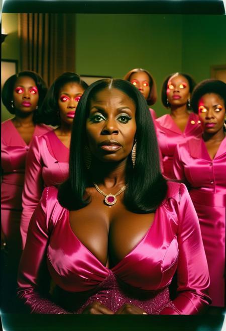 ()Hyoer Realistic:2.0)Polaroid picture of 
a hyper realistic Movie Still of (80 years old ((busty:1.3)) (((african american))) women) 
 of a group of stern, suited College Board of Trustees (Standing exposing large breasts ), their (possessed glowing eyes:1.70) glazing over as they fall under the hypnotic spell of a circle of Alpha Kappa Alpha Sorority Sisters.
The  (80 year old busty african american sorority sisters standing in front of the Board, resplendent in their pink and green attire:1.85) , gaze intensely at the trustees, their hands weaving intricate patterns in the air as they chant in unison.( The trustees' faces slacken, their pupils dilating as they succumb to the sisters' mesmerizing power:1.65)
(In the background, a giant budget spreadsheet displays a rapidly increasing total, the numbers spinning wildly out of control as the trustees, now completely entranced, nod in unison to allocate infinite funds to the Greek Life budget.:2.00) (Capture the surreal, mind control::2.80)
(her deeply pigmented ebony skin), (big hard nipples:1.30), (the largest macromastia tits), (extremely colossal boobs:2.6), (ultra busty hyper bimbo), (flawless boobs), (oiled nipples), (giant large dark areolas), (giant large black areolas), (very large and round areolas ), (giant areolas completely covering the breasts), (stiff long nipples),