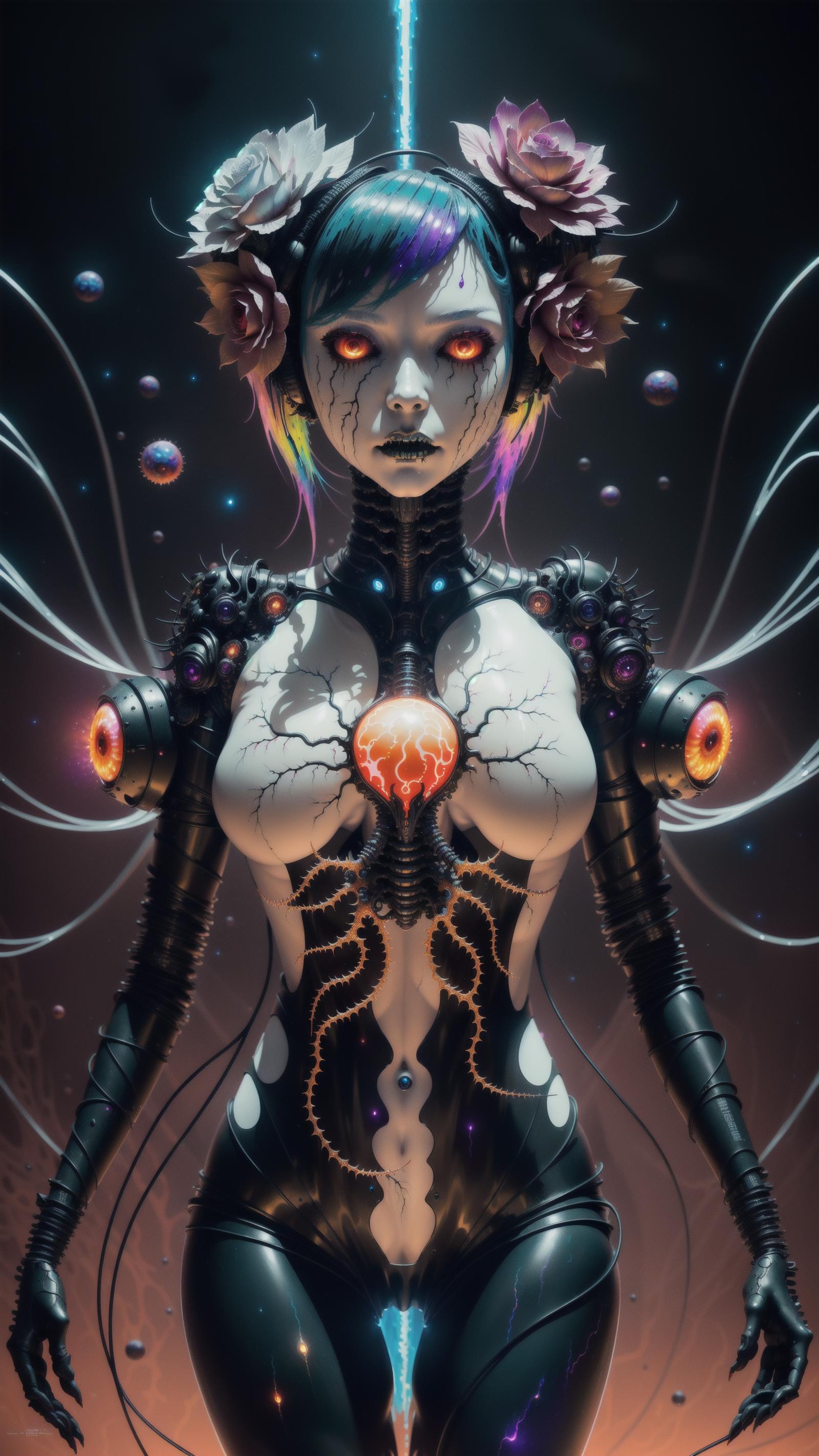 Anime robot woman with a heart-shaped tattoo on her chest, surrounded by glowing orbs.
