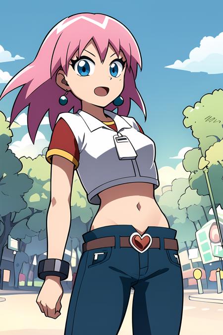 masterpiece, 1girl, beauty beauty \(bobobo-bo bo-bobo\), bracelet, pink hair, medium breasts, denim, city streets, outside, sunny, bright, open mouth, beautiful, midriff