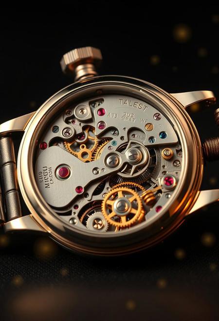 A highly detailed and photorealistic scene capturing the intricate internal workings of a mechanical watch, its delicate components exposed in stunning clarity. The watch’s interior reveals a complex network of tiny, polished gears, their surfaces etched with fine engravings, meshing seamlessly as they turn with precision. Golden springs and screws glint under soft light, while the balance wheel oscillates rhythmically, its ruby bearings glowing faintly with a deep red hue. The mainspring, tightly coiled, shines with a metallic sheen, and the escapement ticks with meticulous accuracy, each movement casting micro-shadows on the surrounding parts. The background is a sleek, matte black surface, emphasizing the watch’s metallic brilliance and intricate details. A subtle surreal element adds a mesmerizing touch—faint, glowing particles of golden light, like miniature stars, hover around the gears, their soft luminescence reflecting off the polished surfaces, creating an ethereal contrast with the mechanical precision. The scene feels both technical and magical, rendered with ultra-photorealistic precision, lifelike textures, and high contrast, optimized for FLUX.1 with sharp edges and cinematic depth, crafting a breathtakingly realistic view of a mechanical watch’s inner beauty.