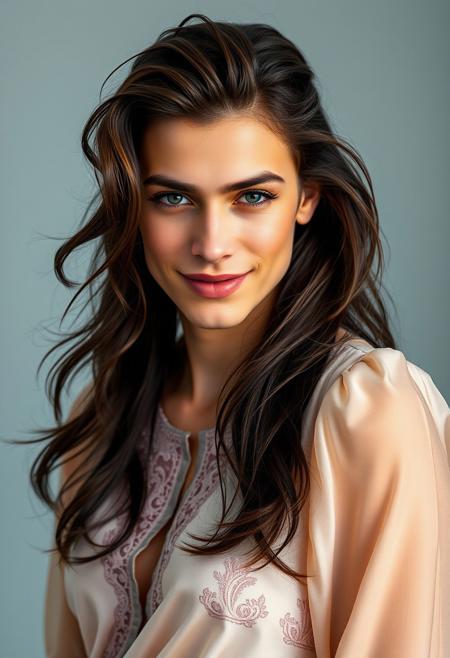 A strikingly beautiful 25-year-old man with androgynous features, long flowing hair styled in loose, playful waves framing his face. His eyes, lined with a subtle winged eyeliner and a touch of shimmering gold shadow, sparkle with mischief and a hint of playful seduction. A swipe of shimmering pink lipstick adds a touch of playful defiance, a confident flourish in his embrace of his own unique beauty. He wears a flowing silk dress with delicate lace detailing, the fabric moving with a fluid grace as it drapes over his slender frame. He gazes directly at the viewer with a knowing smile, an air of confident sensuality radiating from him, a man who delights in the fluidity of his gender expression.