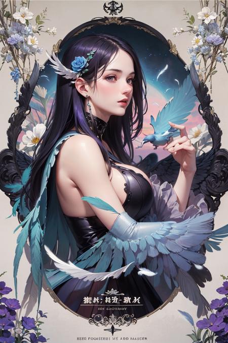 <lora:hipoly3DModelLora_v20:0.3>, 	masterpiece, best quality, high detailed, hyper realistic, intricate detail, flower, (bards:1.3), beautiful, mystery, fantasy, enormous amount of feathers, (tarot card style:1.3), detailed hands, Two pairs of feathered wings,  dramatic dawning sky, purple gradient hair,Alphonse Mucha, Art Deco