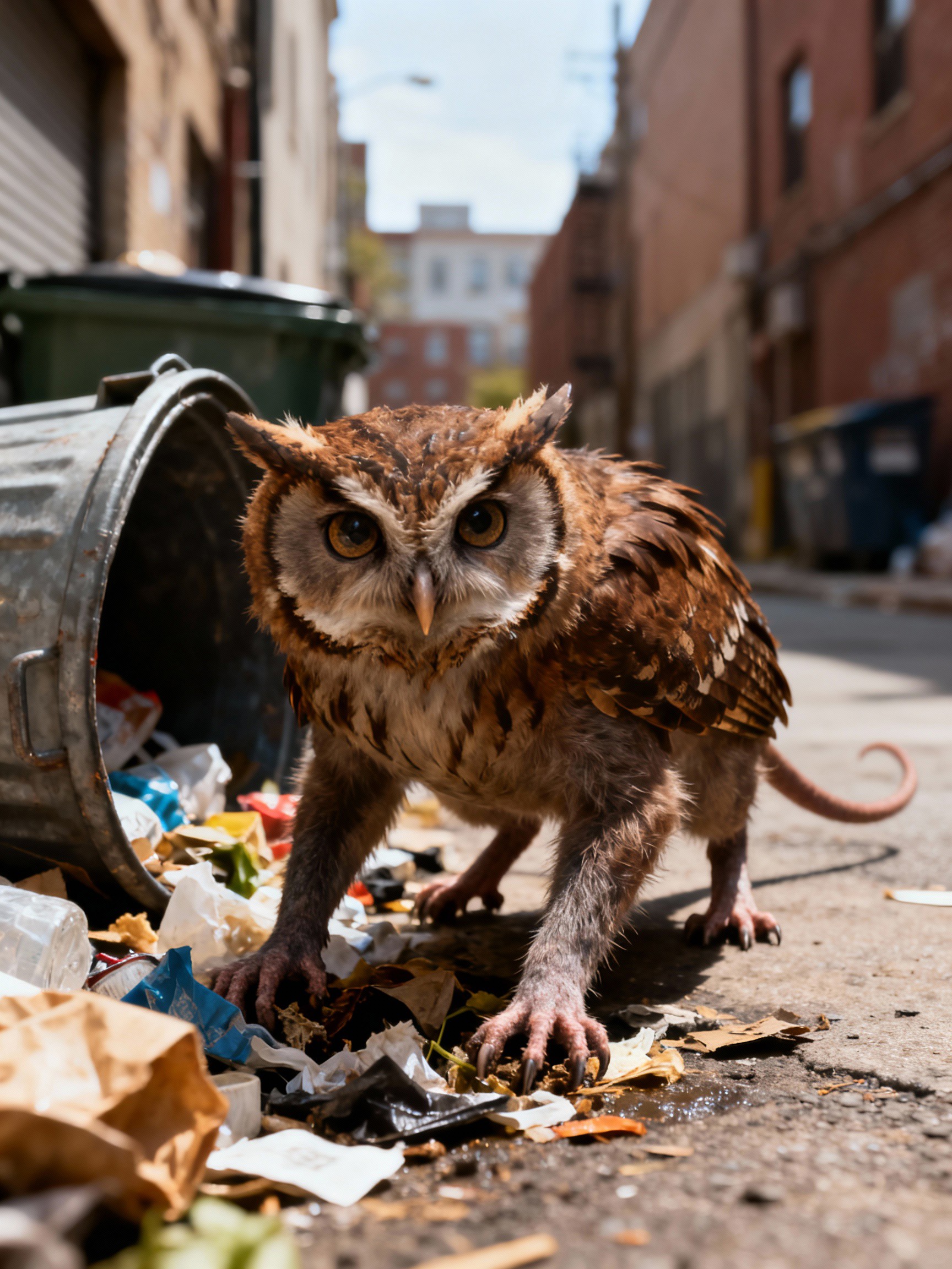 A close-up of a creature with a brown and white mottled owl's body and a rat's legs and tail standing on scattered trash and debris in an urban alleyway. The creature's plumage displays shades of brown, tan, and cream, with prominent amber eyes and ear tufts, gray furry legs and four pink feet and tail. Behind the creature, an overturned metallic trash bin with visible garbage spills onto the ground, while a green dumpster sits further back on the left side. The alley is flanked by brick buildings, creating a narrow corridor that leads to blurred structures in the background. 