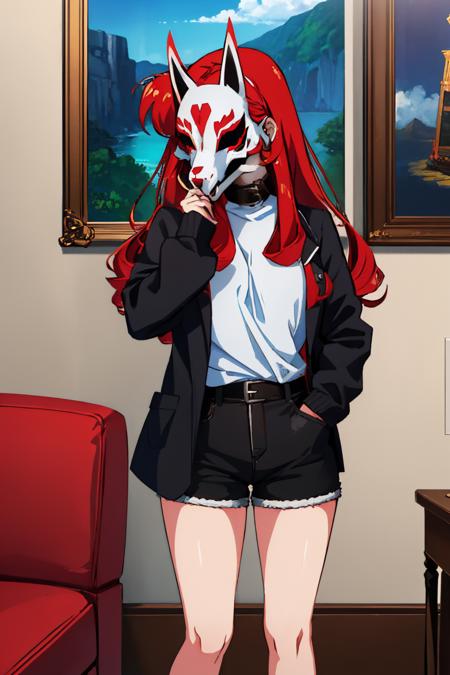 (masterpiece, best quality:1.2), solo, 1girl, neonred, hand in pocket, fox mask, shirt, long sleeves, black shorts, living room <lora:neonwhite_red-17:1>