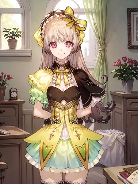 charsuelle, 1girl, solo, smile, bow, looking at viewer, dress, hair bow, hairband, cleavage cutout, thighhighs, arms behind back, closed mouth, short sleeves, capelet, skirt, puffy sleeves,  frills, bangs, indoors, desk, sunlight, window, <lora:suellev1a:0.9>