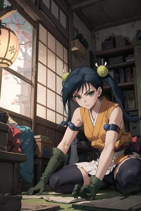 <lora:hibachiv1:0.7>, gloves, multiple girls, japanese clothes, twintails, kimono, blue hair, long hair, green eyes, day, black hair, armband