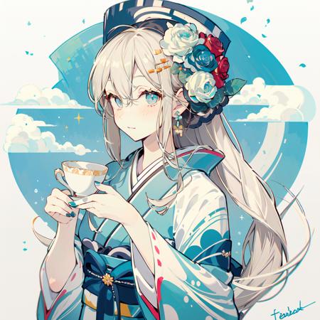 (masterpiece:1.2), best quality,PIXIV,Sweet girl portrait,
1girl, solo, japanese clothes, kimono, flower, cup, hair ornament, teacup, sash, holding, obi, hair flower, hat, earrings, blue kimono, teapot, jewelry, blue eyes, upper body, bangs, long hair, rose, nail polish, tea, blue flower, blue nails, holding cup, frills, white flower, bow, blue headwear, looking at viewer, wide sleeves, saucer, braid, hair bun, signature, floral print, long sleeves, sidelocks, hair between eyes
 <lora:Sweet girl portrait_20231030170647-000018:1>