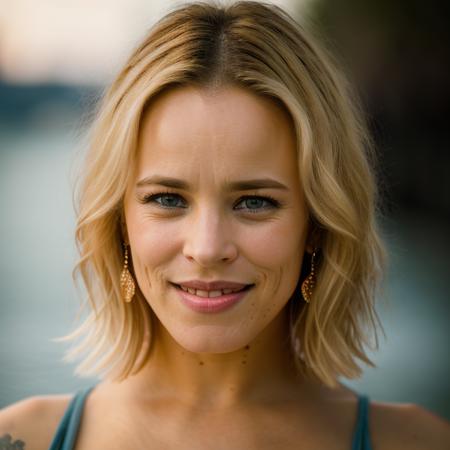 Realistic photo of a beautiful r4ch3lm-v2 woman, 1girl, solo, looking at viewer, smile, short hair, blue eyes, (((blonde hair))), jewelry, earrings, parted lips, teeth, blurry, lips, blurry background, messy hair, portrait, realistic, soft lighting, professional Photography, Photorealistic, detailed, RAW, analog, sharp focus, 8k, HD, DSLR, high quality, Fujifilm XT3, film grain, award winning, masterpiece<lora:r4ch3lm-v2:1.0>