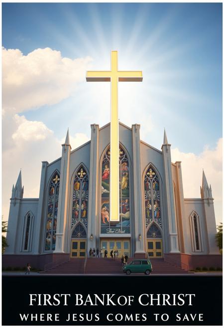 “An advertising poster for a fictional Christian-themed financial institution called ‘The First Bank of Christ’, featuring the slogan ‘Where Jesus Comes to Save’. The central focus is an imaginative bank building that blends postmodern 1950s architecture with Gothic cathedral elements. The structure includes sleek, symmetrical lines and mid-century design motifs—such as concrete fins, large glass windows, and retro signage—merged with Gothic features like stained glass windows, pointed arches, flying buttresses, and stone gargoyles. A large, illuminated cross stands atop or in front of the building, with the name ‘The First Bank of Christ’ emblazoned on it in elegant, serif lettering.  Motto at bottom of poster reads “WHERE JESUS COMES TO SAVE”:1.2,
The atmosphere is bright and uplifting, with heavenly rays of light shining from the clouds above, casting a warm glow on the building. The setting is clean and idealized, resembling a religious-commercial utopia. Optional additions include stained glass windows depicting scenes of generosity or financial miracles, and worshippers/customers entering through ornate golden doors. The overall tone is reverent yet tongue-in-cheek—inviting and visionary, with a subtle spiritual-commercial satire.”