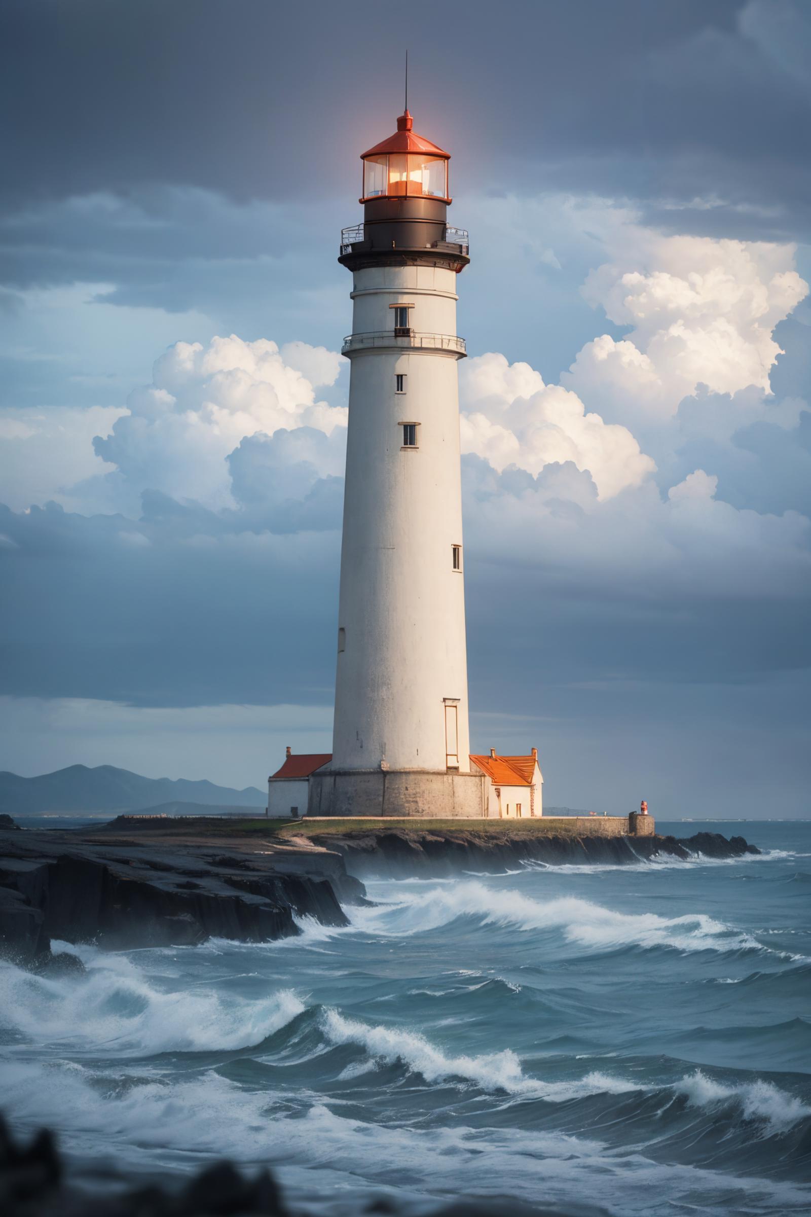 A lighthouse stands tall on the edge of a rocky cliff, surrounded by a body of water.