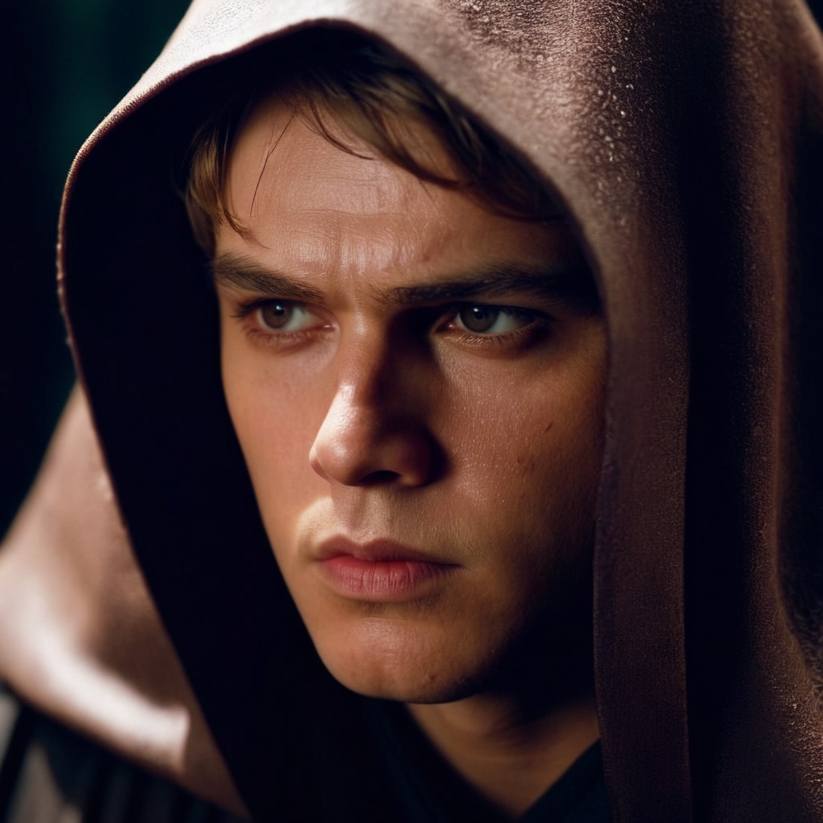cinematic film still of  <lora:Anakin Skywalker:1.2>
Anakin Skywalker a sad crying man with a hood on his head in star war...