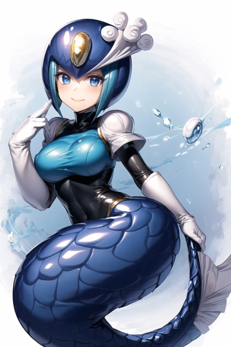 splash woman \(Mega man\), blue helmet, mermaid, solo, monster girl, 1girl, android, black suit, elbow gloves, blue eyes, white gloves