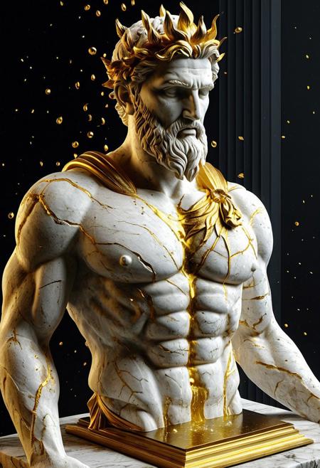 An isometric 3D render of a classical Greek god statue (like Zeus or Apollo) carved from white grunge limestone, being chaotically drip in molten gold liquid from head. The gold pours violently over the statue's head, cascading down its torso in thick, irregular streams—some parts are already fully gilded (face, chest, neck, breast, hand), while others remain partially covered (legs, base), revealing dramatic contrasts between the pristine limestone and the gleaming gold. The liquid gold pools at the statue's feet, splattering onto the isometric stone platform with metallic droplets frozen from head. Hyper-realistic material textures (rough marble vs. glossy gold), dynamic motion blur on the pouring liquid, and studio lighting to highlight the chaos. Rendered in Unreal Engine 5, 8K resolution, inspired by luxury art installations and surreal statue designs, black background, dramatic lighting. RetroBG