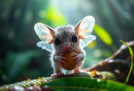 furry little translucent mammal in a rain forest zoomed in, rainbow of light reflection off dew, green and vivid colors, wild fog, large eyes, transparent body, invisible like a jelly fish, huge ears, cute, adorable, eating a nut, fungal hair, see through, wings, amazing atmosphere, snake in background