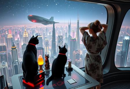 A sleek black cat with red collar sits on a cluttered metal riveted desk with transparent top and rgb led computer components visible inside, On the desk are a maneki neko statue and a lava lamp, the Black Cat is looking out of a seamless and futuristic floor to ceiling window that looks out at thousands of enormous wide and tall futuristic skyscrapers from a large window in a descending spaceship, (((a beautiful woman, 24 years old, is standing next to the cat looking at the city is stretching with arms behind her head, the view out the window is an enormous city at night composed of enormous buildings of varying futuristic art deco design, the city filled with buildings of many shapes and sizes, some over a mile tall))), the woman is dressed in an ornate Japanese style bath robe. An enormous deco starship with futuristic lighting and design is visible high above the city, and a space station is visible in the background among the stars, The woman's hair is messy from just waking up and tied up with a ribbon. Artistic cyberpunk, dynamic perspective, (((overall architectural aesthetic is Art Deco Cyberpunk))).  (((A large futuristic building shaped like a torii gate stands among the enormous tokyo structures,)))