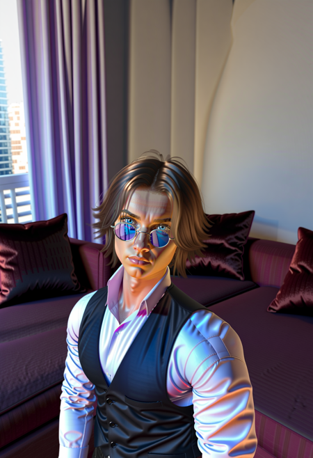 Simon Petrikov, 1girl, solo, looking at viewer, blue eyes, brown hair, shirt, 1boy, white shirt, upper body, glasses, collared shirt, indoors, vest, lips, sunglasses, curtains, couch, black vest, photo (object), tinted eyewear, looking over eyewear<lora:SimonSexyMan:0.5>