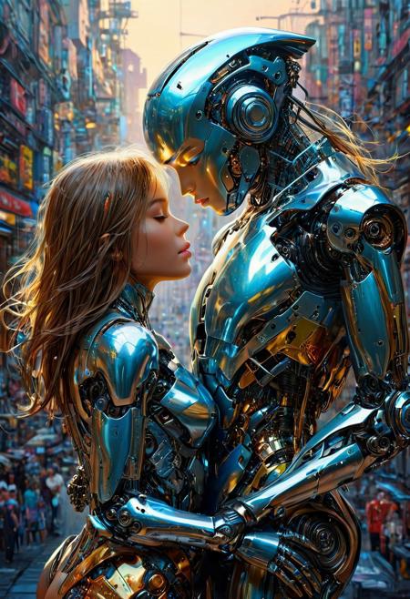 A captivating, full-body colored oil painting portrays a lustrous, metallic robotic android robot and a girl locked in an embrace, reminiscent of the distinctive style of Hajime Sorayama. The vivid colors and smooth texture of the painting highlight the futuristic, alluring scene as the android and the girl share a passionate kiss.