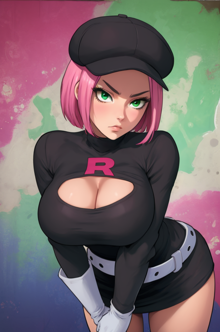 rcketgrunt,short hair,pink hair,green eyes,
team rocket uniform,hat,belt,white gloves,black turtle neck,long sleeves,
solo,upper body,standing,serious,black miniskirt,leaning forward,cleavage,red R,
secret base,
(insanely detailed, beautiful detailed face, masterpiece, best quality),<lora:RocketGrunt-10:0.9>,