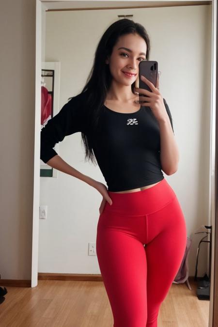 two American Woman white 35 years old. Black long hair, smooth long hair.
Happy, smiling, hand on hips, Dynamic pose., expressive, teasing. Doing peace sign with hand. 
cozy yoga studio, complex background, blurred people in backgrund. 
Selfie in front of mirror. Iphone smartphone.
wearing red sports tube top, red sports yoga pants.
<lora:picxer_real:0.7>, 8k uhd, dslr, soft lighting, high quality, film grain,