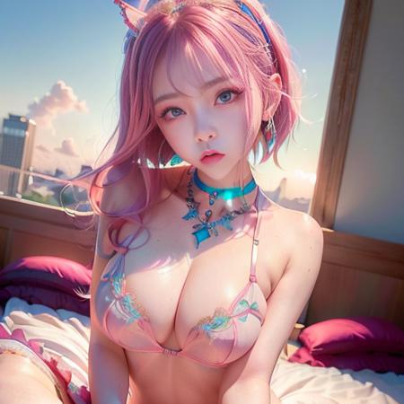 photo realistic,(1 young beautiful korean girl, laying on a bed in a sexy pose),(wearing sexy lingerie:1.2),(distant gaze:1.2),full accesories,necklace,slim waist,soft makup, instagram (photorealistic, high resolution:1.2), looking at viewer , (cute face:1.15) (8k, RAW photo, best quality, masterpiece:1.2), (realistic, photo-realistic:1.17),(sharp focus:1.2), professional lighting, photon mapping, radiosity, physically-based rendering, (pale skin:1.2),(medium breasts:1.2), blue eyes, (pink hair:1.2), realistic, (masterpiece:1.25),(best quality:1.25),(shiny skin),(red lips, halo makeup:1.15),(skinny,shy :1.2), (sunset light:1.15), outside, <lora:yami3d:1>