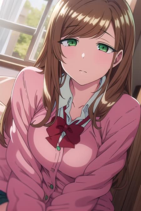 minakosanada, <lyco:minakosanada-lyco-nochekaiser:1>, 
minako sanada, long hair, brown hair, (green eyes:1.5),
BREAK long sleeves, bow, school uniform, bowtie, red bow, cardigan, pink cardigan,
BREAK looking at viewer,
BREAK indoors, classroom,
BREAK <lora:GoodHands-vanilla:1>, (masterpiece:1.2), best quality, high resolution, unity 8k wallpaper, (illustration:0.8), (beautiful detailed eyes:1.6), extremely detailed face, perfect lighting, extremely detailed CG, (perfect hands, perfect anatomy),