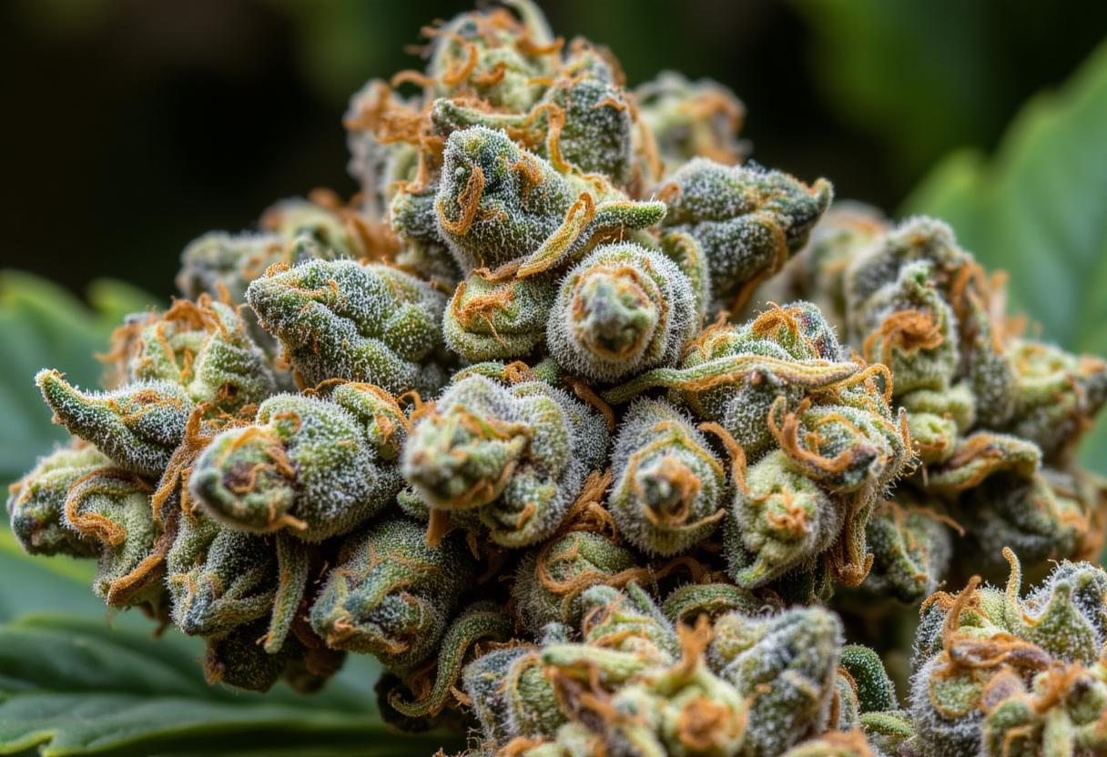 Highly detailed macroscopic photograph of cannabis flower clusters, showcasing abundant trichome density and a rich, deep green coloration. The image presents a tightly-packed arrangement of large, bulbous buds with visible pistils and a frosted appearance due to resin accumulation. Focus on textures and intricate details of the cannabis structure.  Include a natural, slightly blurred background suggestive of an indoor cultivation environment.