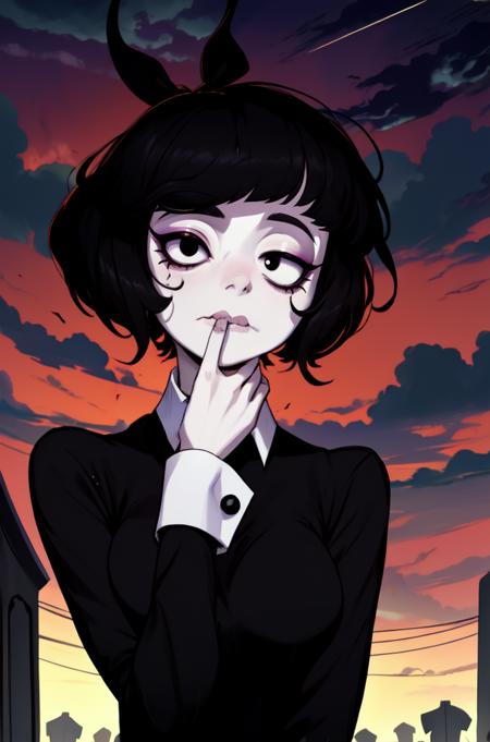 Susie,short hair,bags under eyes,pale skin,wavy mouth,black eyeliner,black eyes,(right eye half closed,left eye open:1.2),
black dress,black long sleeves,wrist cuffs,black hair ribbon,
standing,upper body,
cemetery,night,cloudy,
(insanely detailed, beautiful detailed face, masterpiece, best quality),solo,<lora:SusieB98:1>,