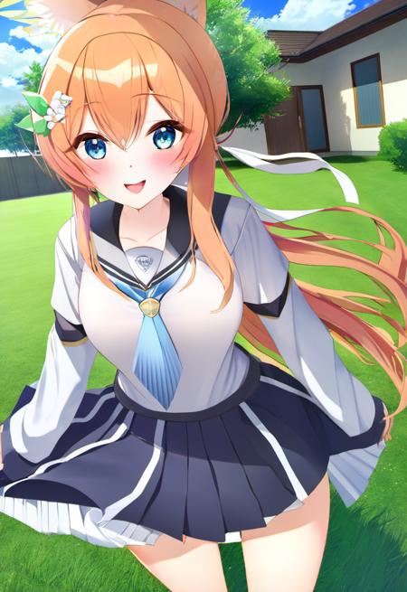 a young woman with long, orange hair and blue eyes. She is wearing a white shirt, a blue tie, and a blue skirt. She is standing in a field of grass, and there is a house in the background. The camera angle is from the front, and the woman is smiling, 1girl, solo, skirt, necktie, outdoors, blue eyes, shirt, long hair, breasts, white shirt, smile, blue skirt, looking at viewer, collared shirt, pleated skirt, black hair, blue necktie, blush, bangs, large breasts, long sleeves, open mouth, day, hair between eyes, school uniform, :d, sky, tree, cloud, striped, blue sky, grass <lora:Mari Blue Archieve XL:1>