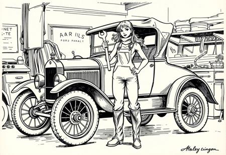 rough ink drawing of a Model T Ford with a solo female greasemonkey in overalls and boots. Her long hair is held up by a scarf. She is standing holding a monkey-wrench. The setting is a 1930s garage.