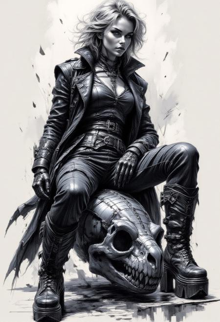 Pencil drawing, black and white, pencil strokes, 
(A hyper-realistic, highly detailed colored sketch in the style of ck-ccd, vantablack high-fashion photograph) A 25-year-old woman with a sharp, angular jawline sits confidently atop a highly glossy obsidian metal Triceratops skull, its reflective surface capturing intricate dappled shadows. Her tousled, asymmetrical silver bob with undercut layers frames her striking face, accentuated by vantablack eyelines, long lashes, piercing vantablack eyes, and matte vantablack lips. She wears a fully vantablack avant-garde ensemble—a flowing asymmetrical coat with jagged, sculptural sleeves and layered metallic-textured accents, cinched at the waist with a structured corset-like belt. A pair of vantablack cybernetic-inspired fingerless gloves highlight her claw-like manicured nails. Her futuristic footwear consists of towering vantablack platform boots with intricate chrome detailing and sharp, angular soles. Seated in a poised yet assertive posture, her weight subtly shifts on the Triceratops skull, exuding effortless dominance. The surreal, high-contrast Cucoloris lighting casts fragmented, cinematic shadows across her and the reflective skull, intensifying the dreamlike fusion of high-fashion dystopia and futuristic storytelling.