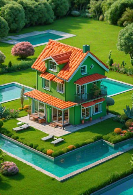 advertisement with a house with garden and pool on top green grass, mother, father, in the style of cute cartoonish designs, dreamlike visuals, soft sculptures, webcam, bright colors, bold shapes, coastal landscapes, capturing moments