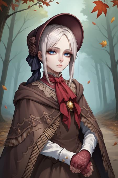 plaindoll, white hair, doll joints bonnet, red ascot, brown cloak, brown dress, long dress, gloves