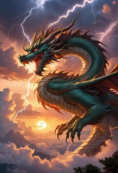 score_9, score_8_up, score_8_up, ng_deepnegative_v1_75t, photo, fantasy, cloud, Chinese dragon, flying, mysterious, sunset, cloudy, lightning,