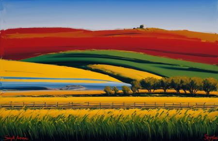 (style of Josh Adamski:1.2), scenery,scene painting,a painting, boscage ,ranch ,clump ,hacienda ,farm ,vineyard , Dune Field ,